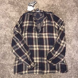 Long Sleeve Plaid Blouse with Lace Back